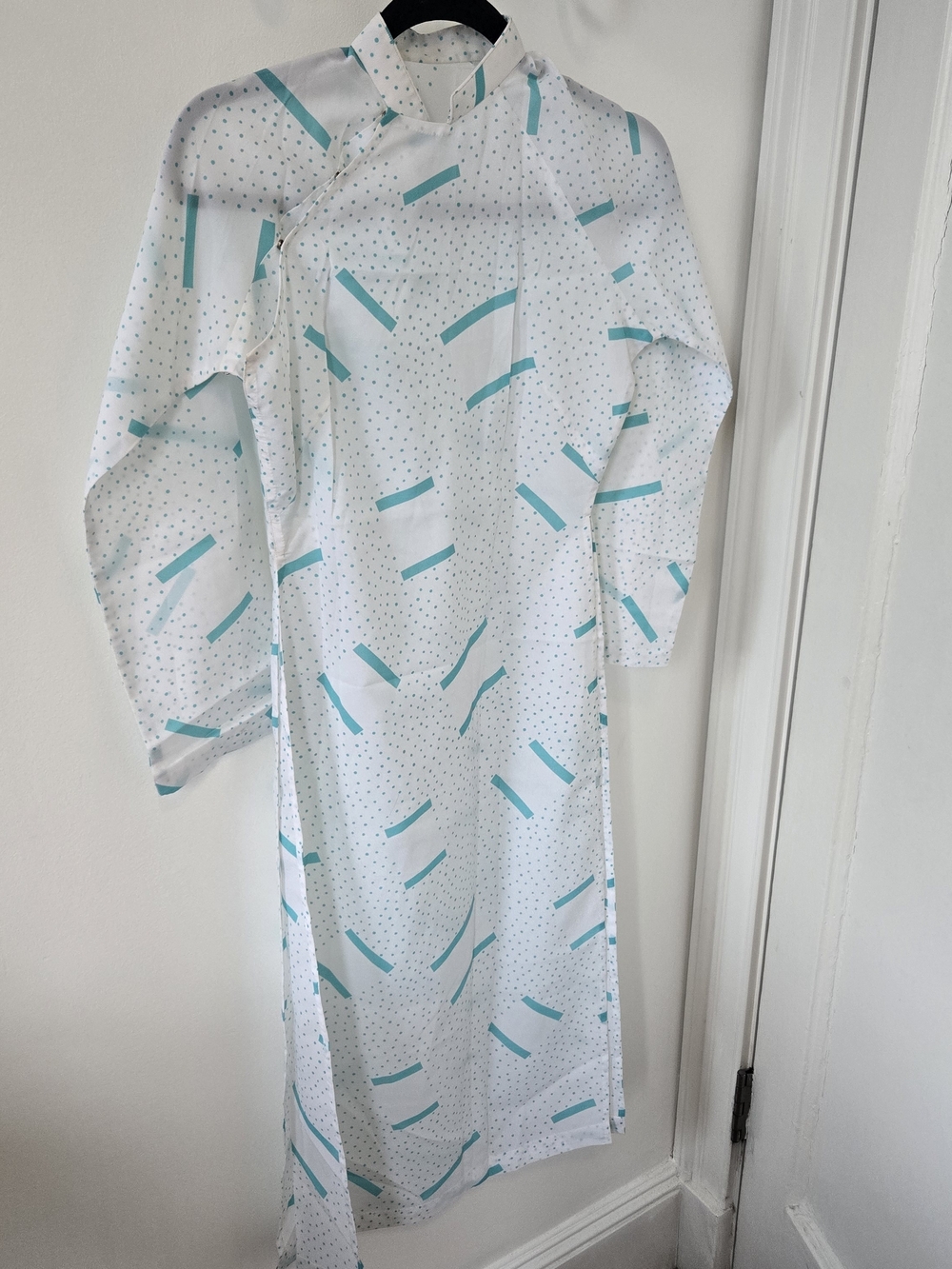 Ao Dai hite and Teal Long Sleeve Dress No Pants